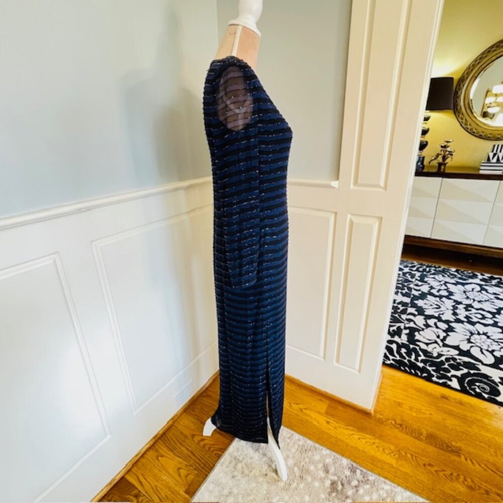 Vintage 100% Silk Beaded Formal Gown Y2K Black & Blue Front Slits Sparkly Size 4 - Picture 8 of 10